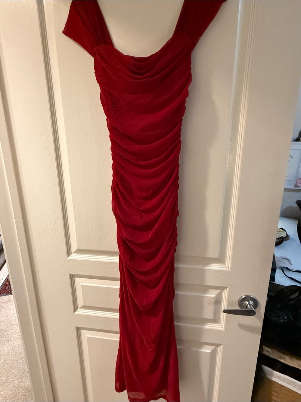 Red Ruched Evening Dress - Women